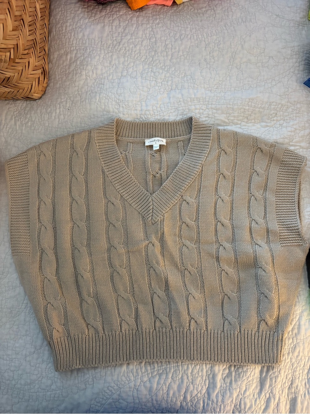 vestique Beige Cable-Knit V-Neck Sweater Vest